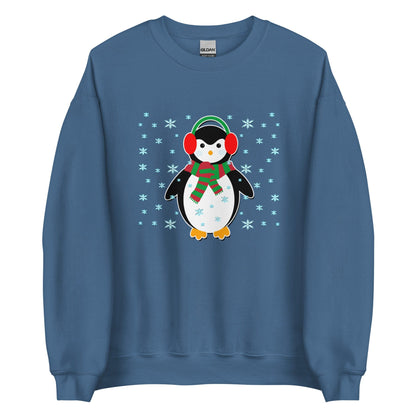 Blue crewneck sweatshirt with cute penguin holiday graphic, long sleeves