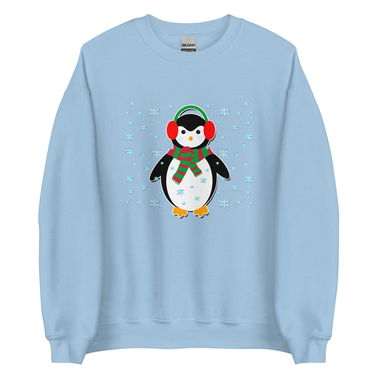 Light blue crewneck sweatshirt with cute penguin holiday graphic, long sleeves