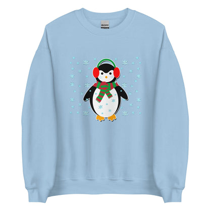 Light blue crewneck sweatshirt with cute penguin holiday graphic, long sleeves