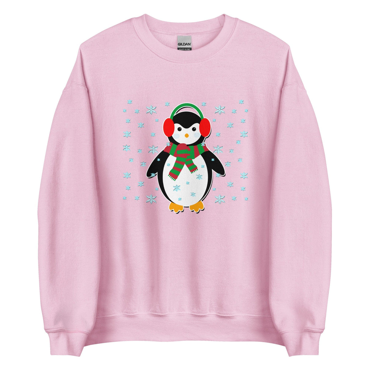 Light pink crewneck sweatshirt with cute penguin holiday graphic, long sleeves