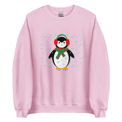 Light pink crewneck sweatshirt with cute penguin holiday graphic, long sleeves