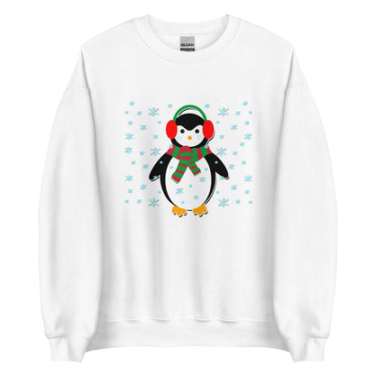 White crewneck sweatshirt with cute penguin holiday graphic, long sleeves