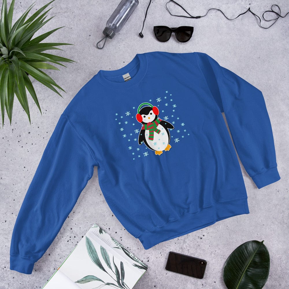 Royal blue sweatshirt with penguin graphic, crewneck, long sleeves