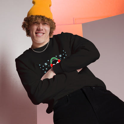 Black crewneck sweatshirt with long sleeves and a colorful penguin graphic at center.