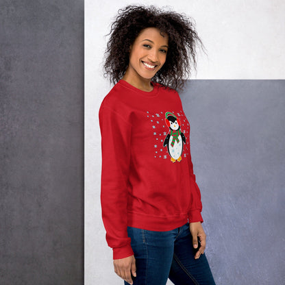 Red sweatshirt with long sleeves and a penguin graphic on the front chest.