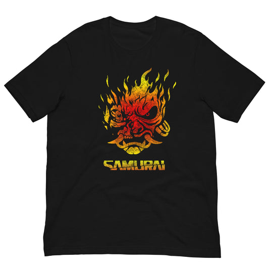 Black T-shirt with fiery red/yellow samurai demon graphic on front
