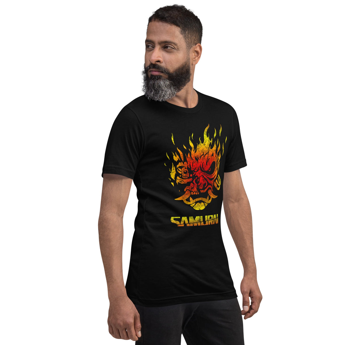 Black T-shirt with flame samurai demon graphic in red, yellow, and orange