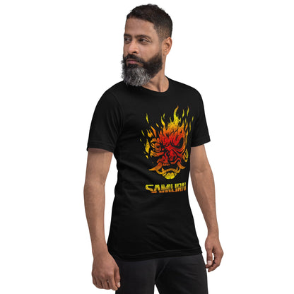 Black T-shirt with flame samurai demon graphic in red, yellow, and orange