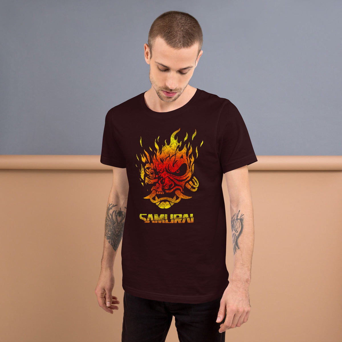 Burgundy T-shirt with fiery red/yellow samurai demon face graphic on front