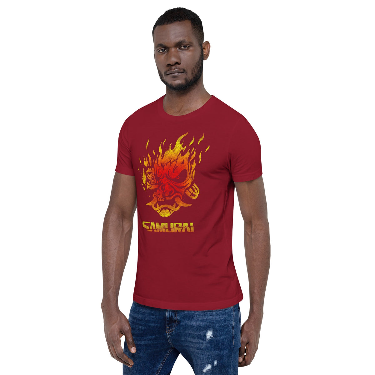 Cardinal red T-shirt with flame samurai demon face graphic in yellow and red