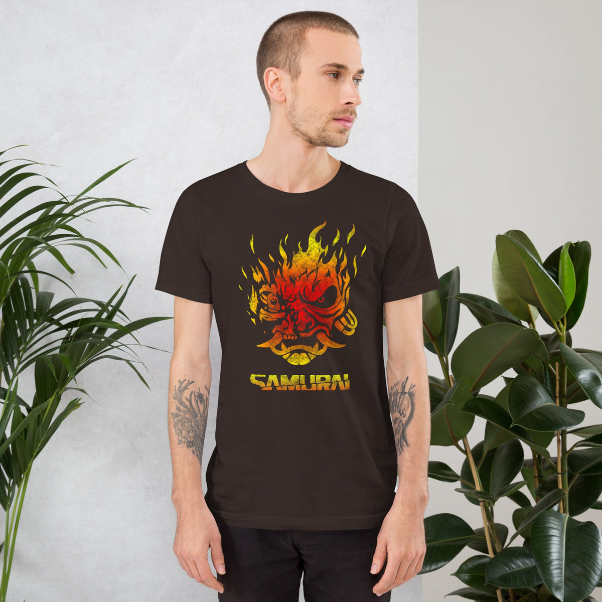 Dark brown T-shirt with fiery samurai demon face graphic and SAMURAI text