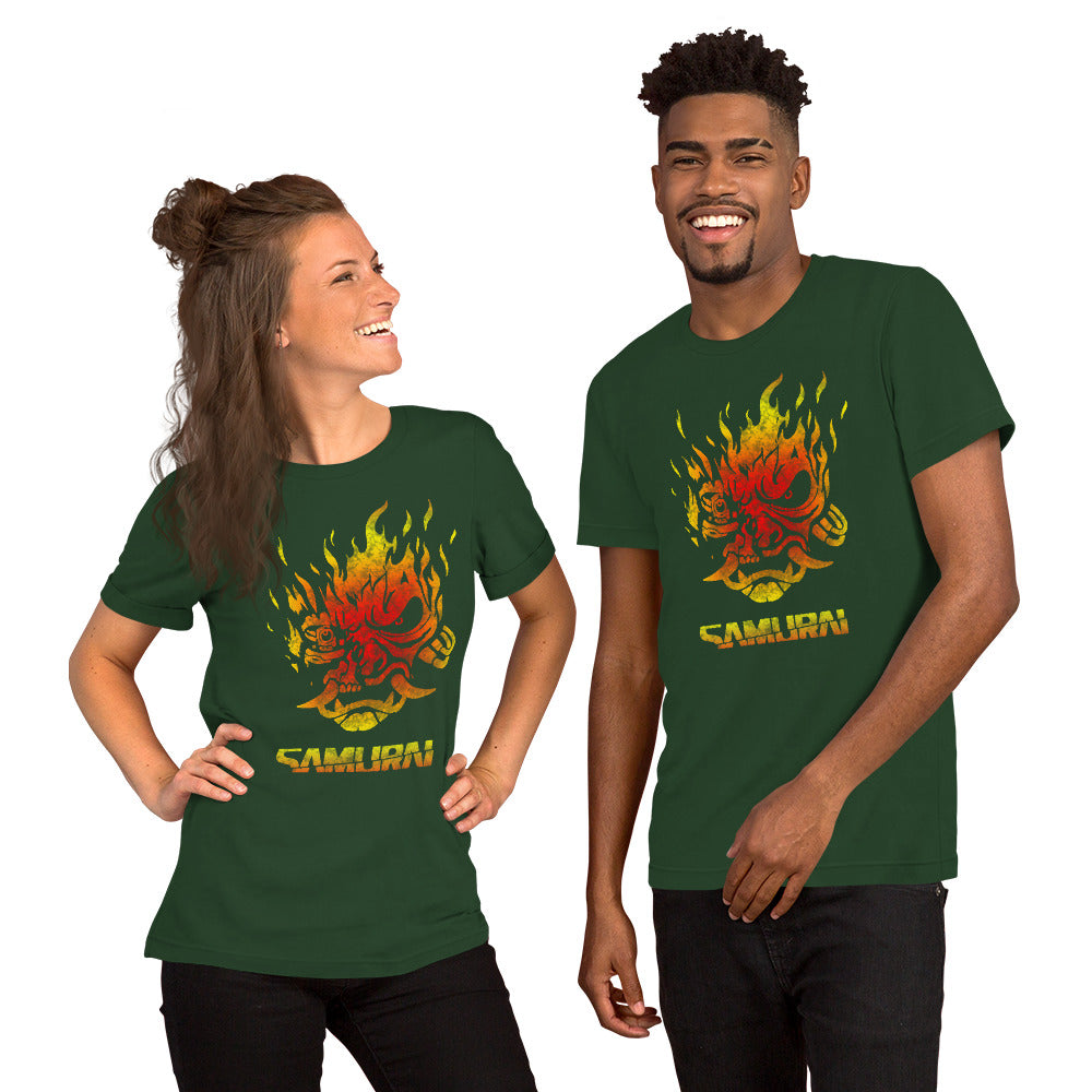 Forest green T-shirt with fiery samurai demon face graphic and SAMURAI text
