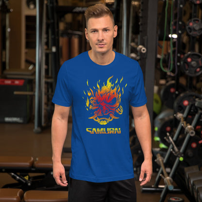 Royal blue T-shirt with fiery samurai demon graphic and SAMURAI text