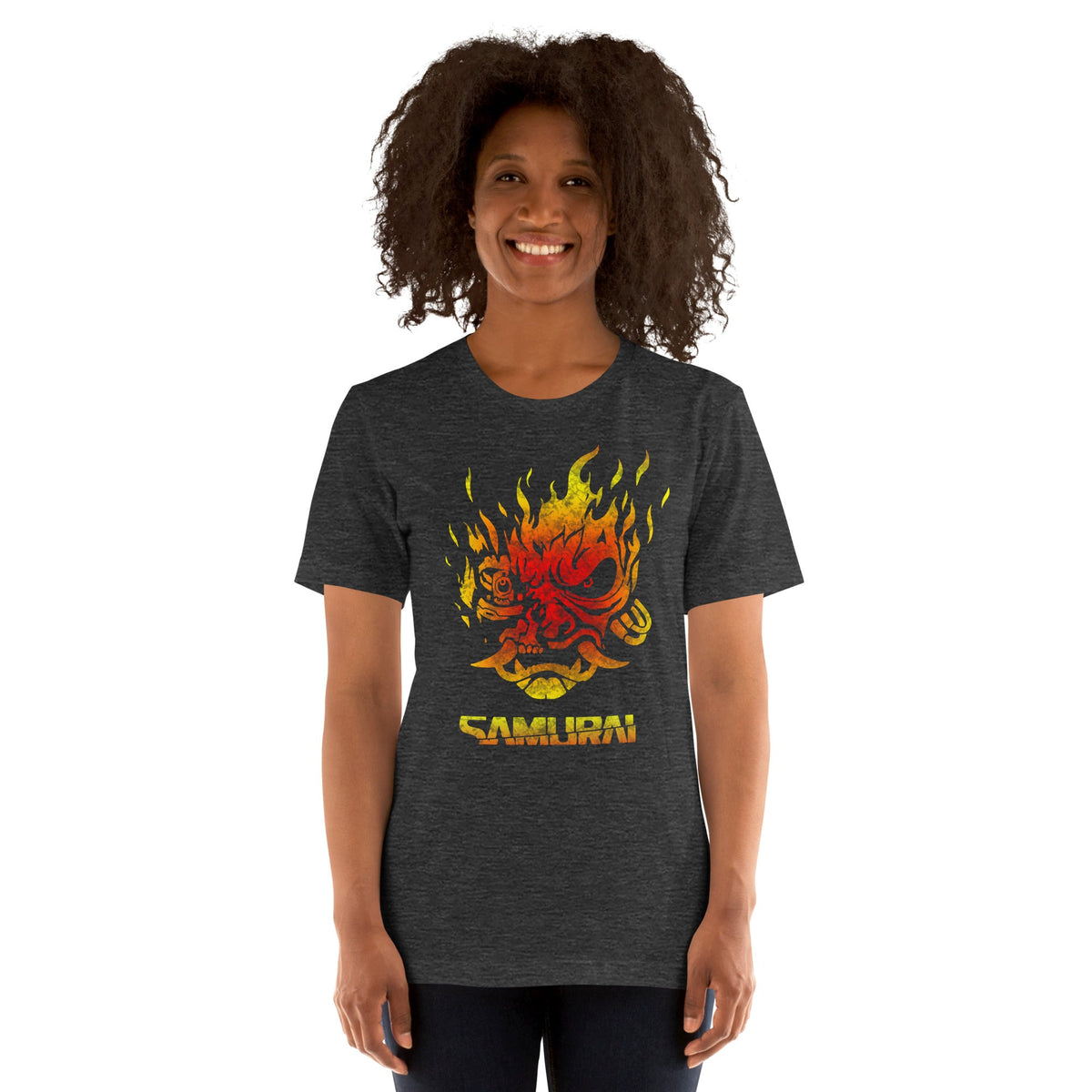 Dark gray heather T-shirt with fiery samurai demon face graphic on front