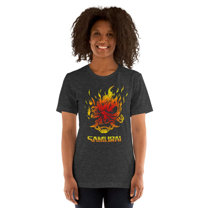 Dark gray heather T-shirt with fiery samurai demon face graphic on front