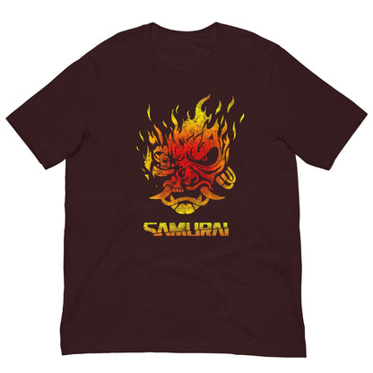 Burgundy T-shirt with fiery samurai demon front graphic and yellow “SAMURAI” text