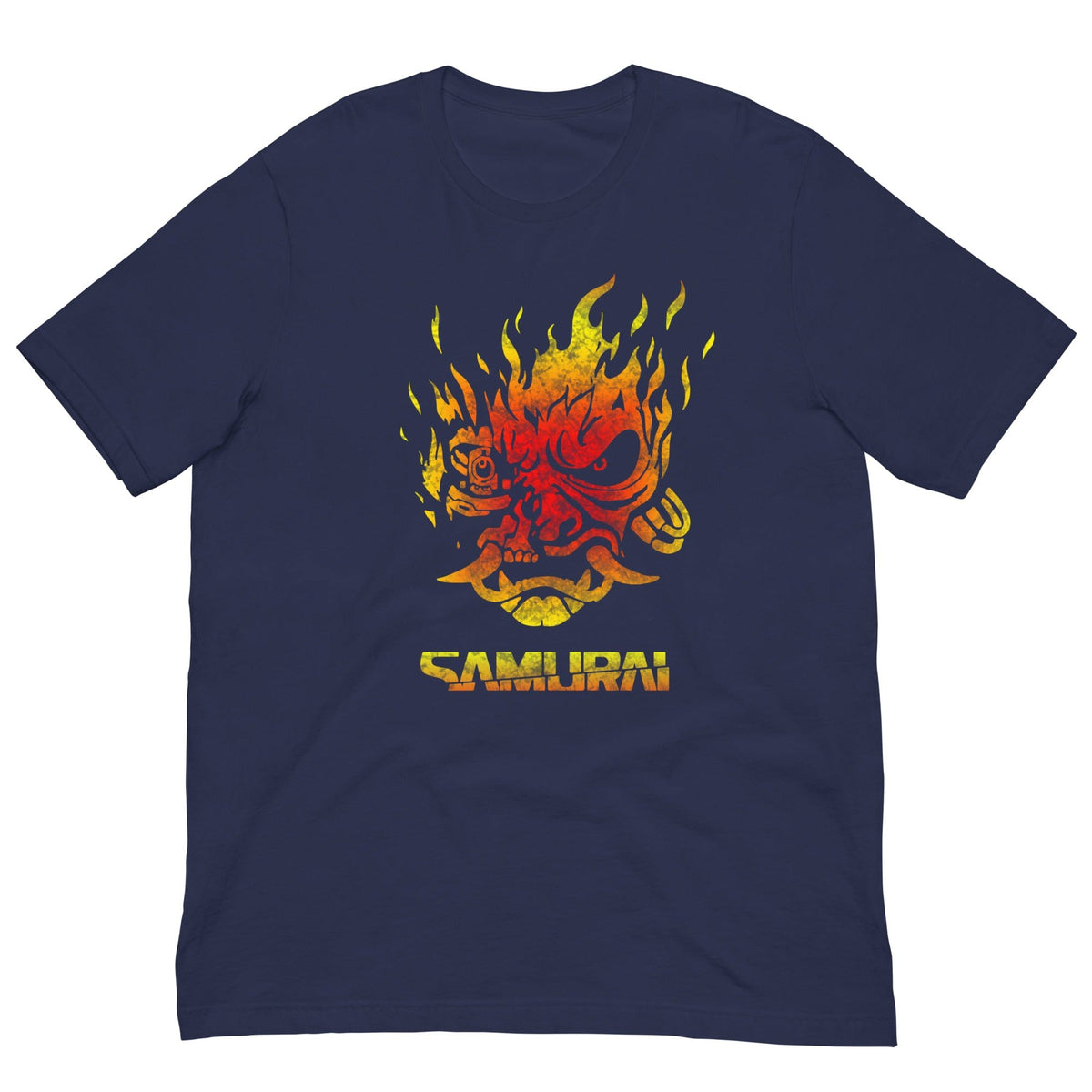 Navy T-shirt with fiery samurai demon front graphic and yellow “SAMURAI” text