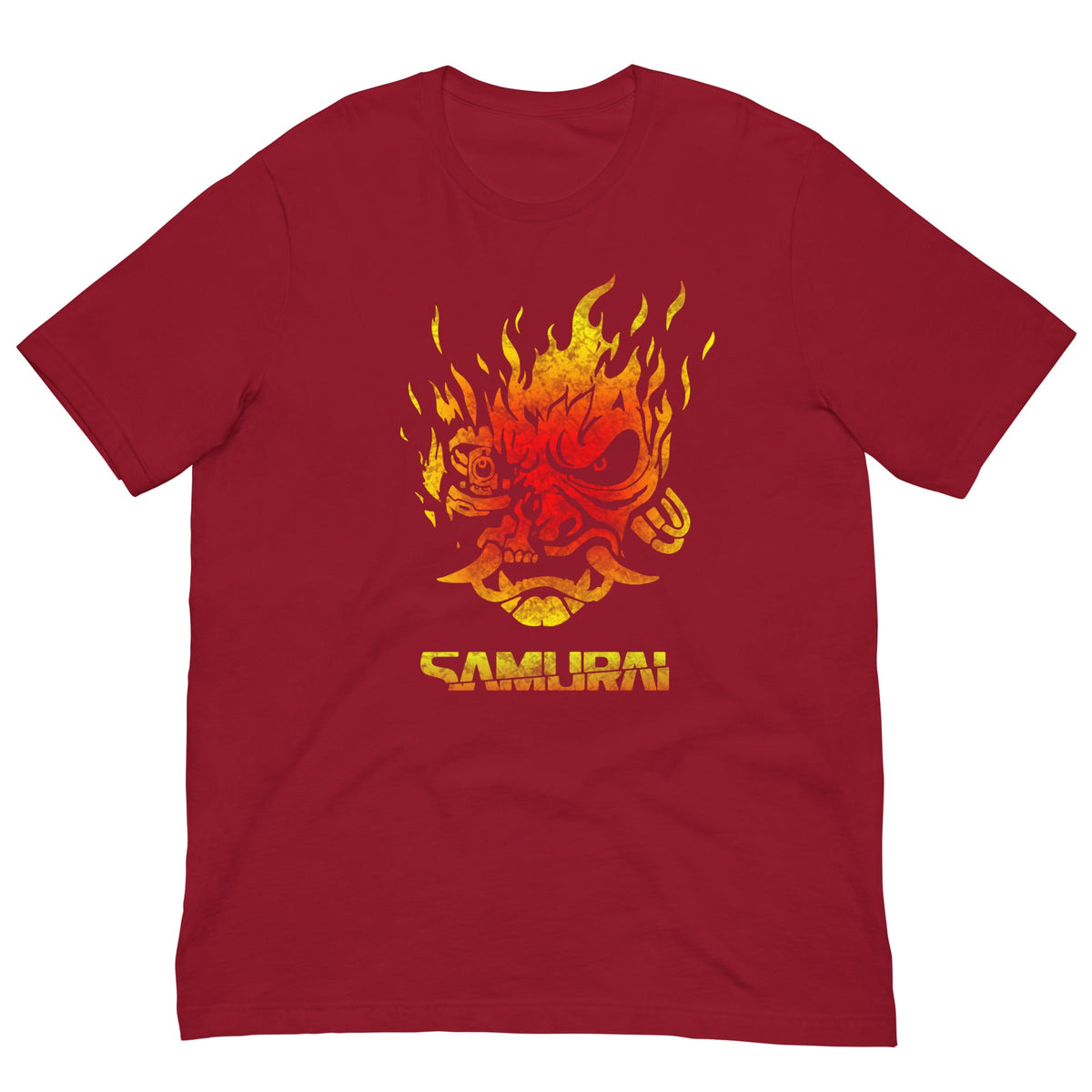 Red T-shirt with fiery samurai demon front graphic and yellow “SAMURAI” text