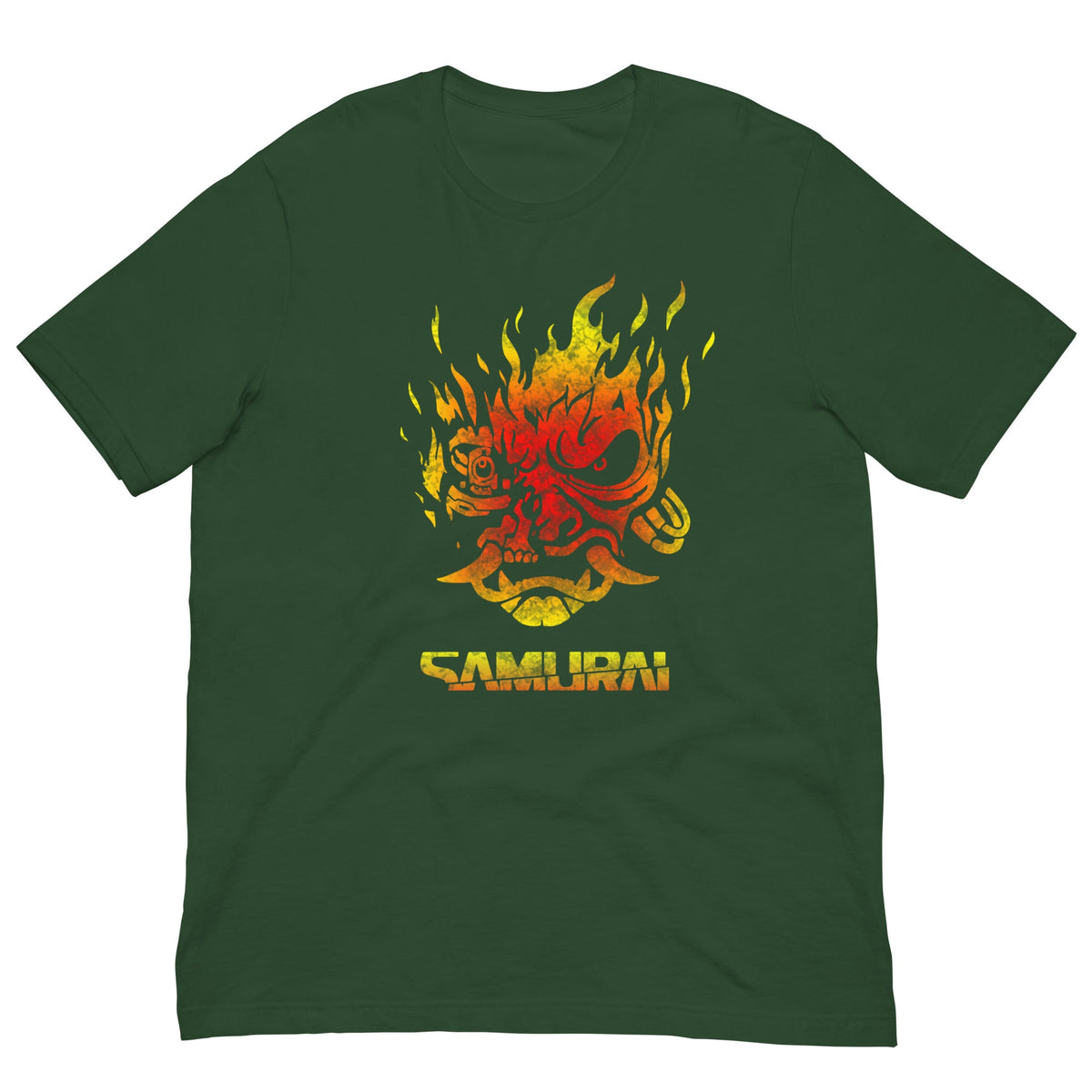 Forest green T-shirt with fiery samurai demon front graphic and yellow “SAMURAI” text