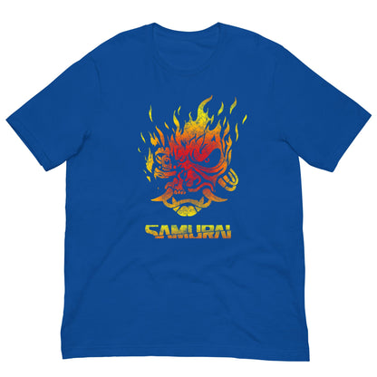 Royal blue T-shirt with fiery samurai demon front graphic and yellow “SAMURAI” text