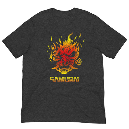 Dark gray heather T-shirt with fiery red/yellow samurai demon face graphic