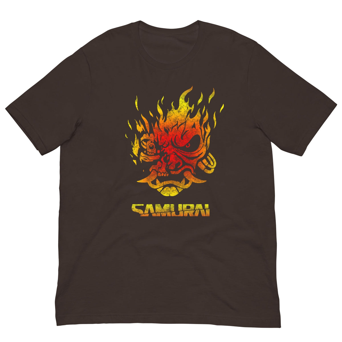Brown T-shirt with fiery samurai demon front graphic and yellow “SAMURAI” text