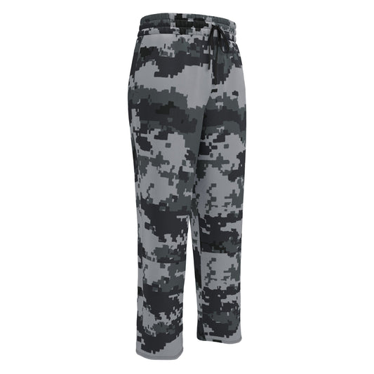 Digital camo wide-leg joggers with elastic waistband and drawstring, dark gray tones.