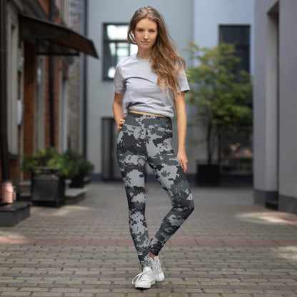 High-waist digital camo yoga leggings in dark gray and black, full-length