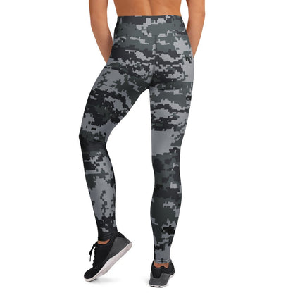 Digital camo yoga leggings, dark gray pixel print, front view with waistband