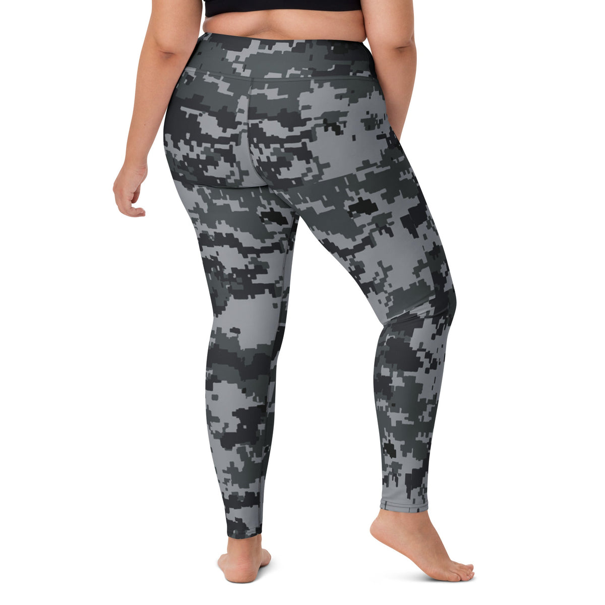High-rise digital camo yoga leggings, dark gray and black pixel print, side view