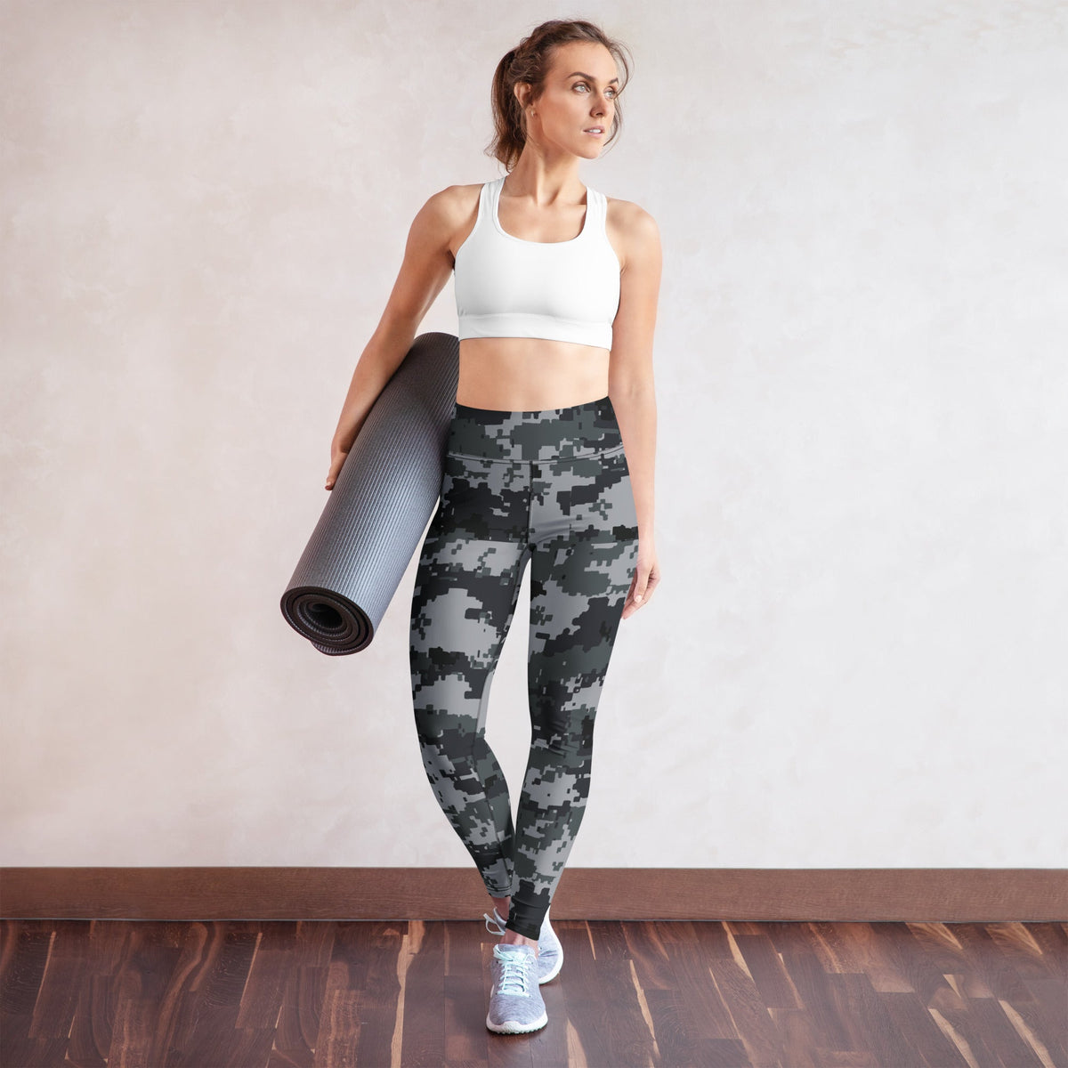 High-rise digital camo yoga leggings, dark gray pixel print, ankle-length