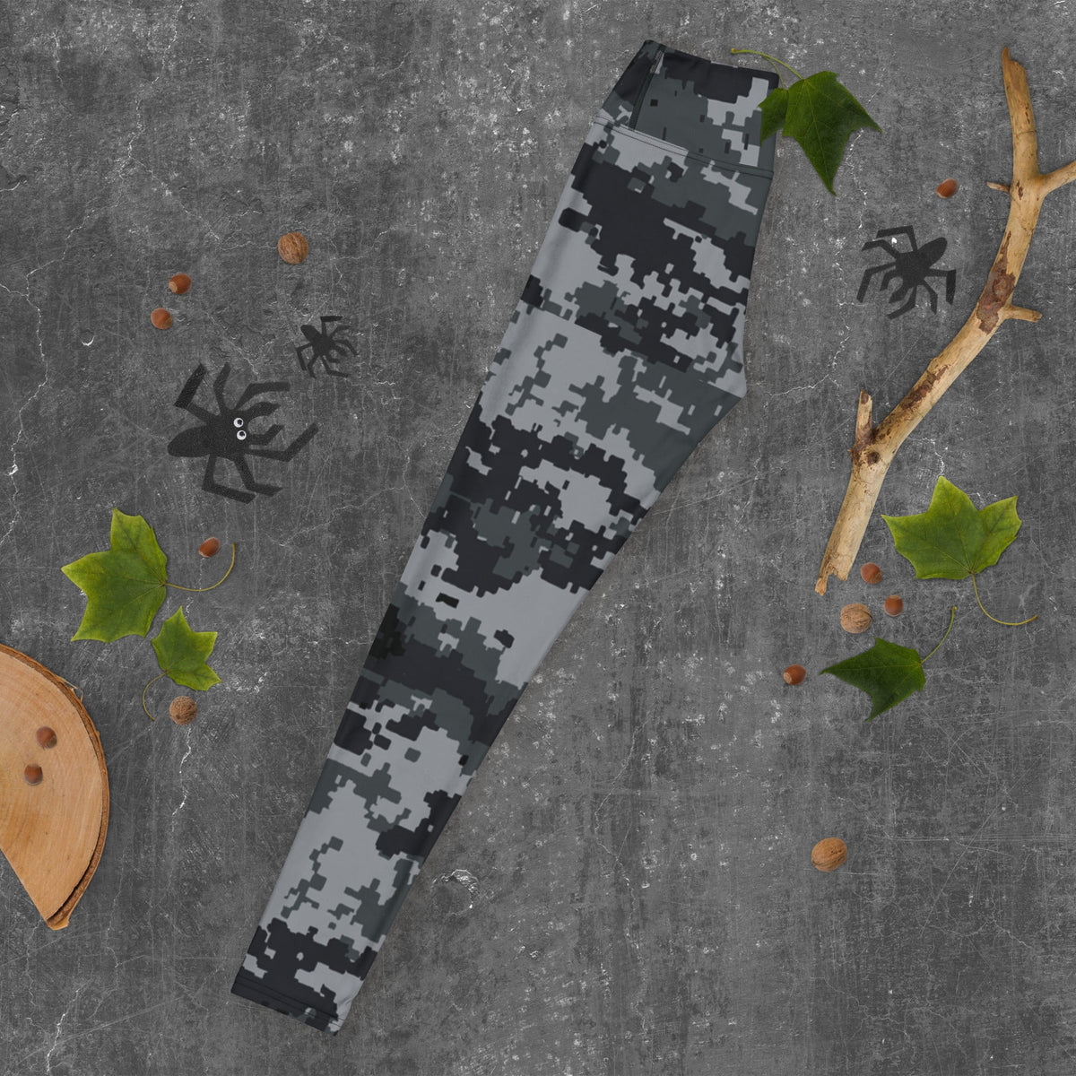 Folding digital camo yoga leggings, dark gray and black pixel pattern, full-length