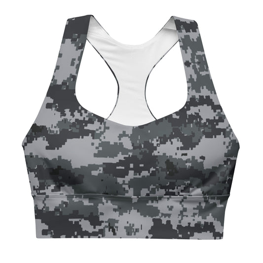 Longline sports bra in dark digital camo with racerback and wide underband.
