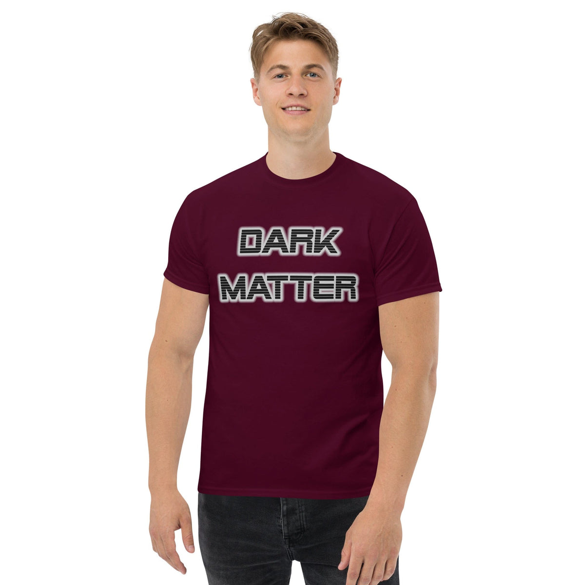 Dark Matter T-shirt, maroon, crew neck, “DARK MATTER” front graphic