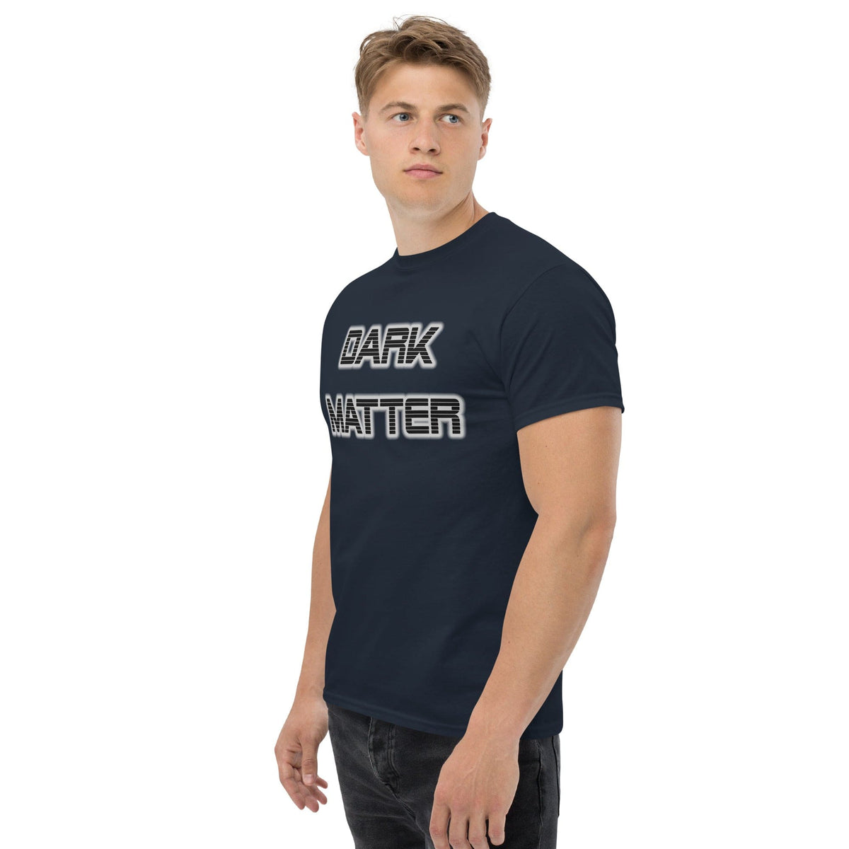 Dark Matter T-shirt, navy, crew neck, “DARK MATTER” front graphic