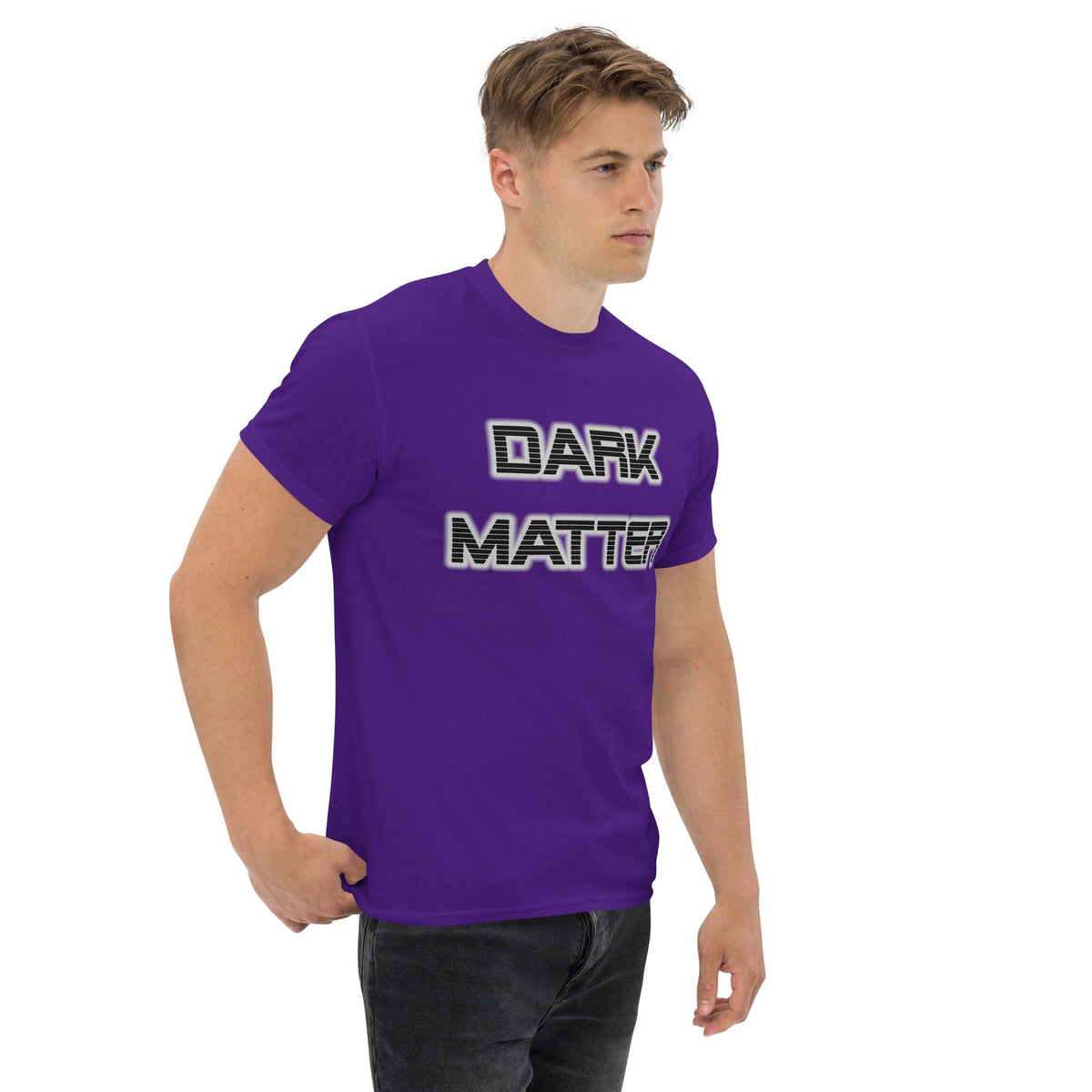 Dark Matter T-shirt, purple, crew neck, “DARK MATTER” front graphic