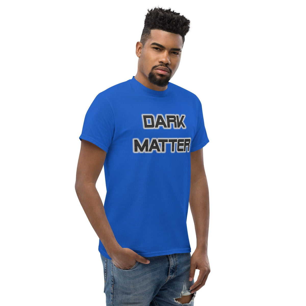 Dark Matter T-shirt, royal blue, crew neck, “DARK MATTER” front graphic