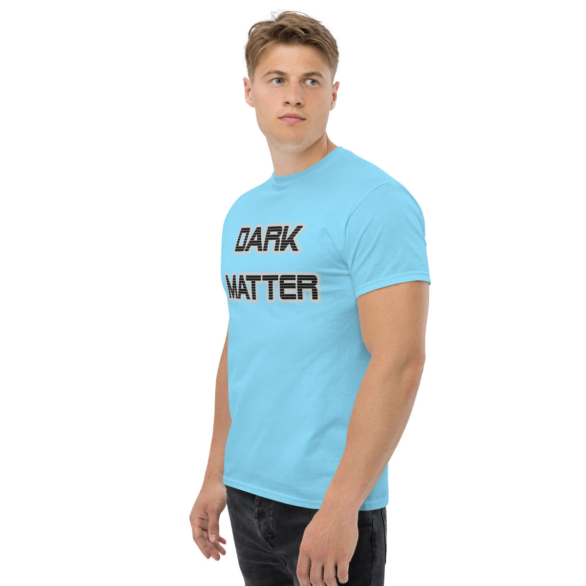 Dark Matter T-shirt, sky blue, crew neck, “DARK MATTER” front graphic