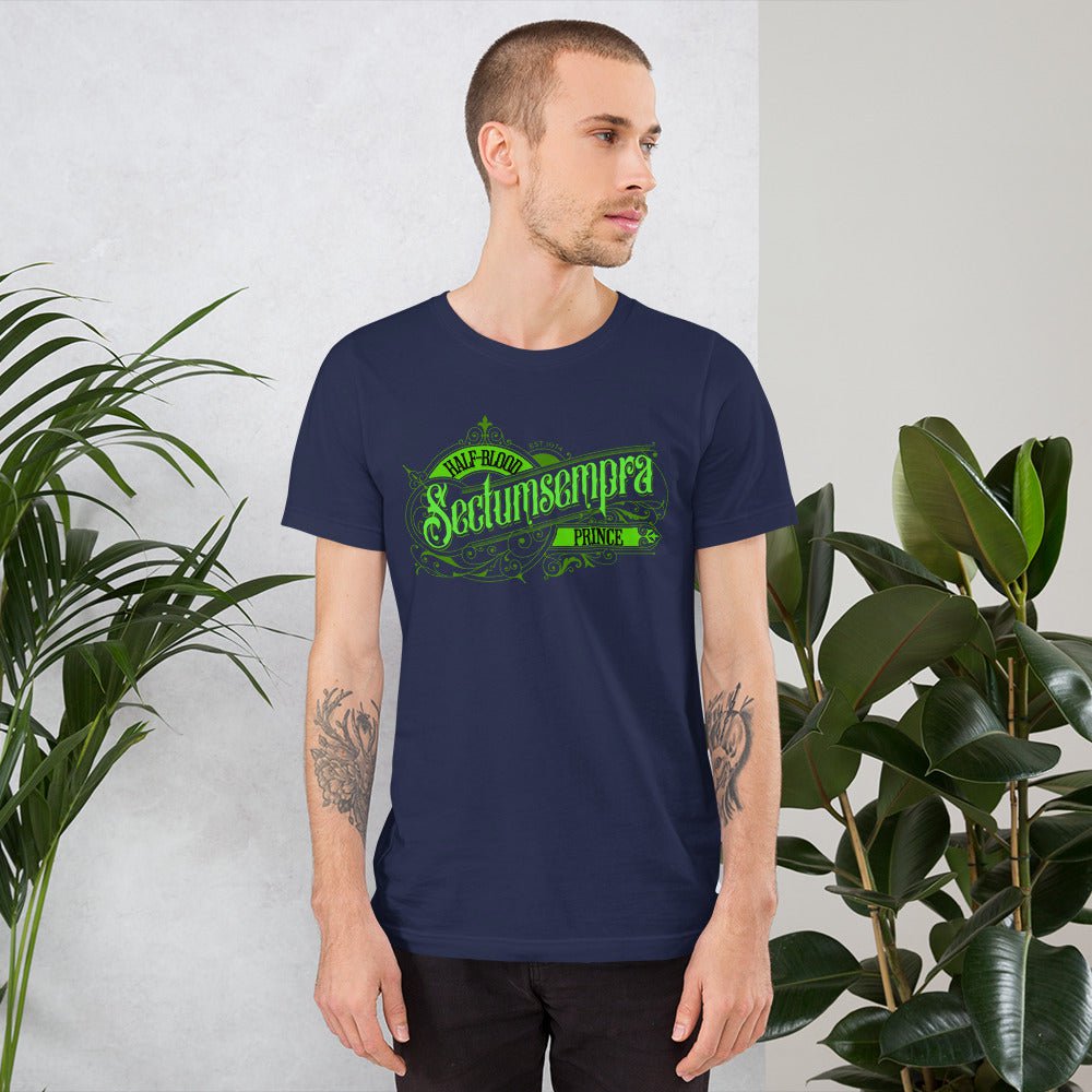 Dark Prince T-shirt, navy, green Half-Blood Sectumsempra logo on chest