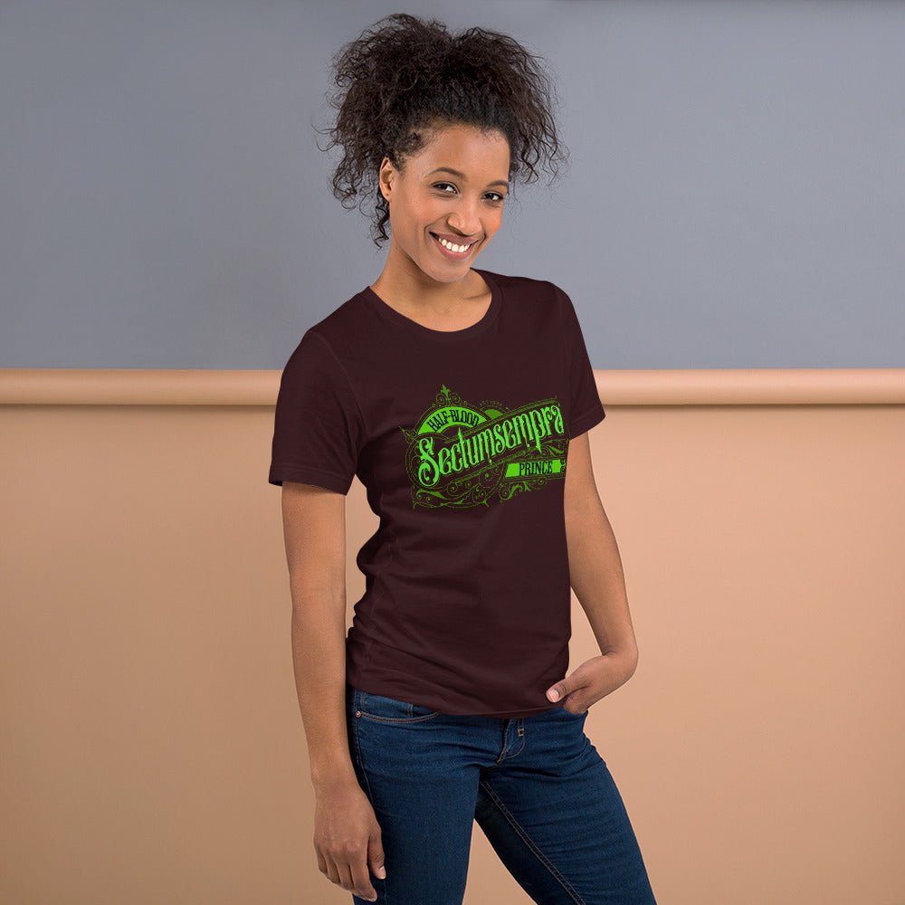 Dark Prince T-shirt, dark maroon, green Half-Blood Sectumsempra logo
