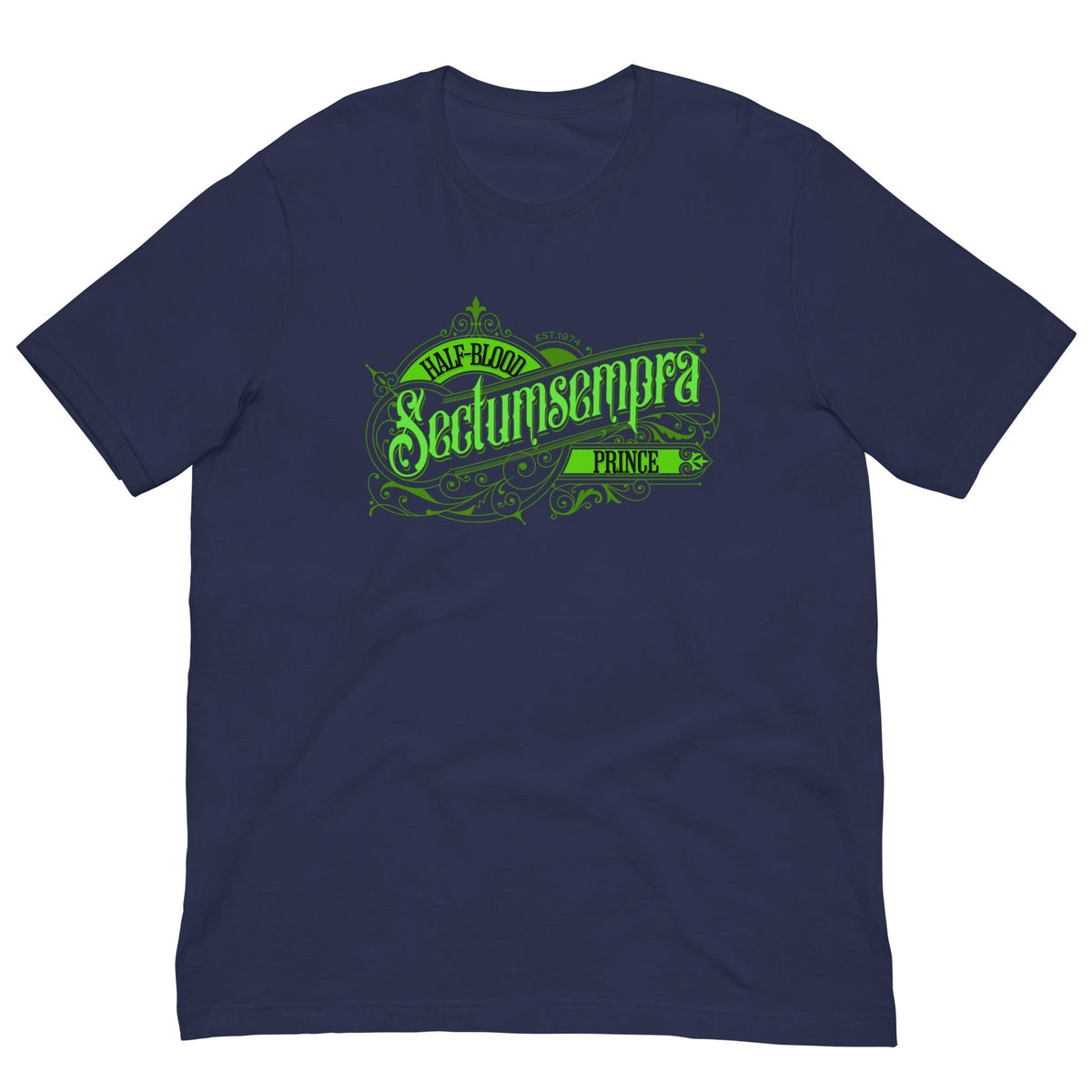 Navy T-shirt with neon green front graphic and short sleeves
