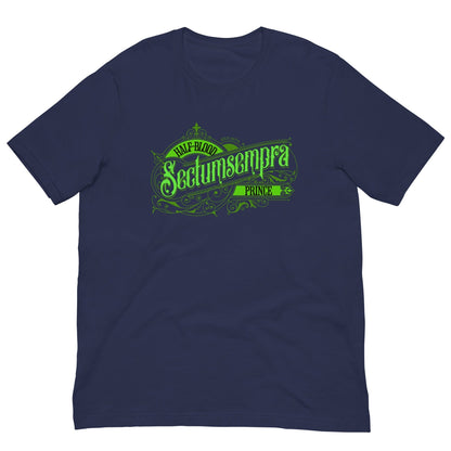 Navy T-shirt with neon green front graphic and short sleeves