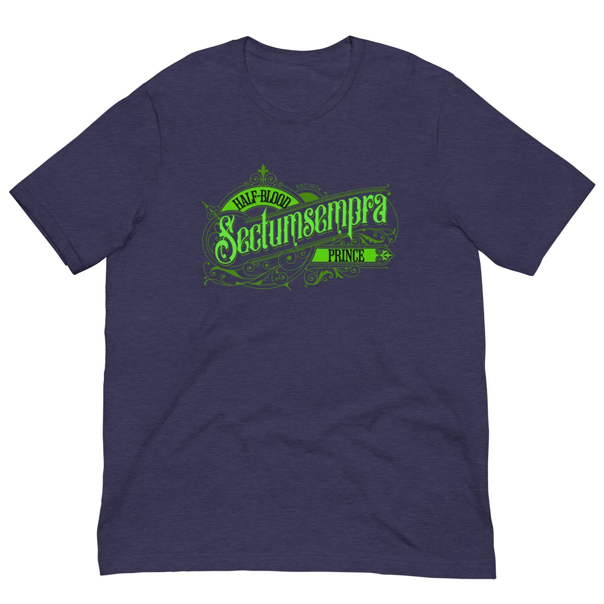 Dark purple T-shirt with neon green front graphic and short sleeves