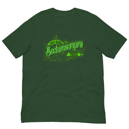 Green T-shirt with neon green front graphic and short sleeves