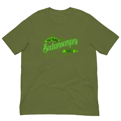 Olive T-shirt with neon green front graphic and short sleeves