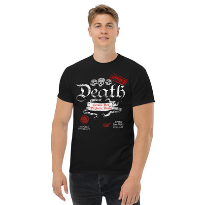Death-themed graphic T-shirt, black, front skull-and-Death typography graphic.