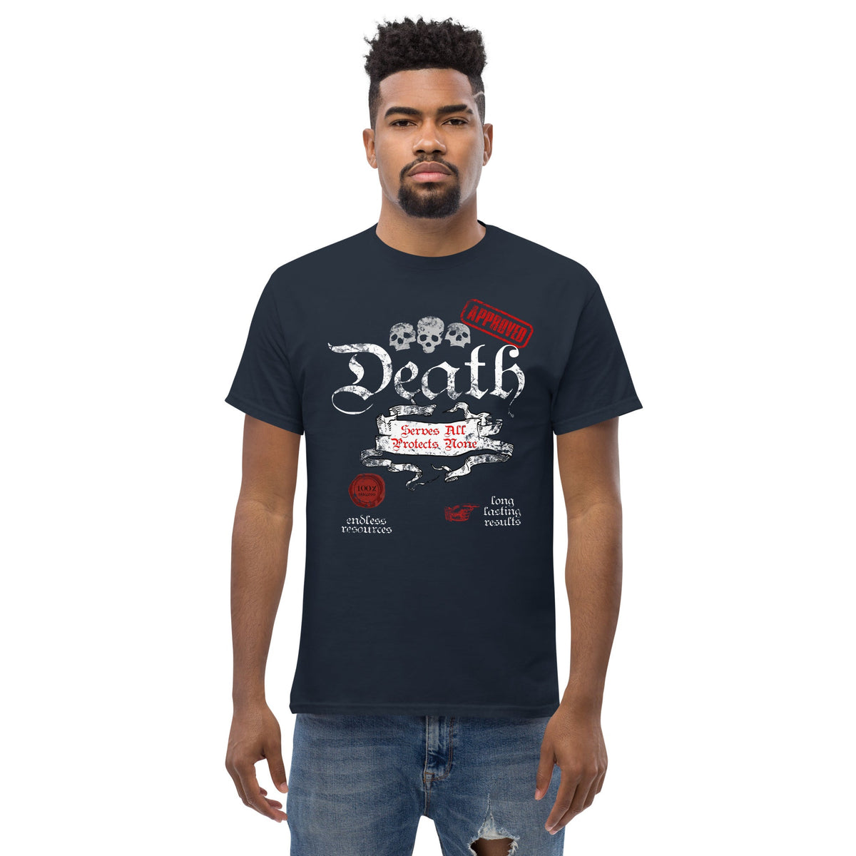 Death-themed graphic T-shirt, navy, front skull and Death word art print.