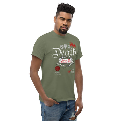 Death-themed graphic T-shirt, military green, front skull and Death typography print.