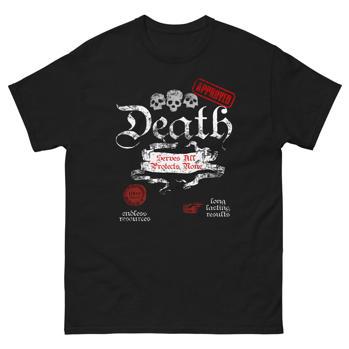 Death-themed graphic T-shirt, black, skull and Death typography print on front.
