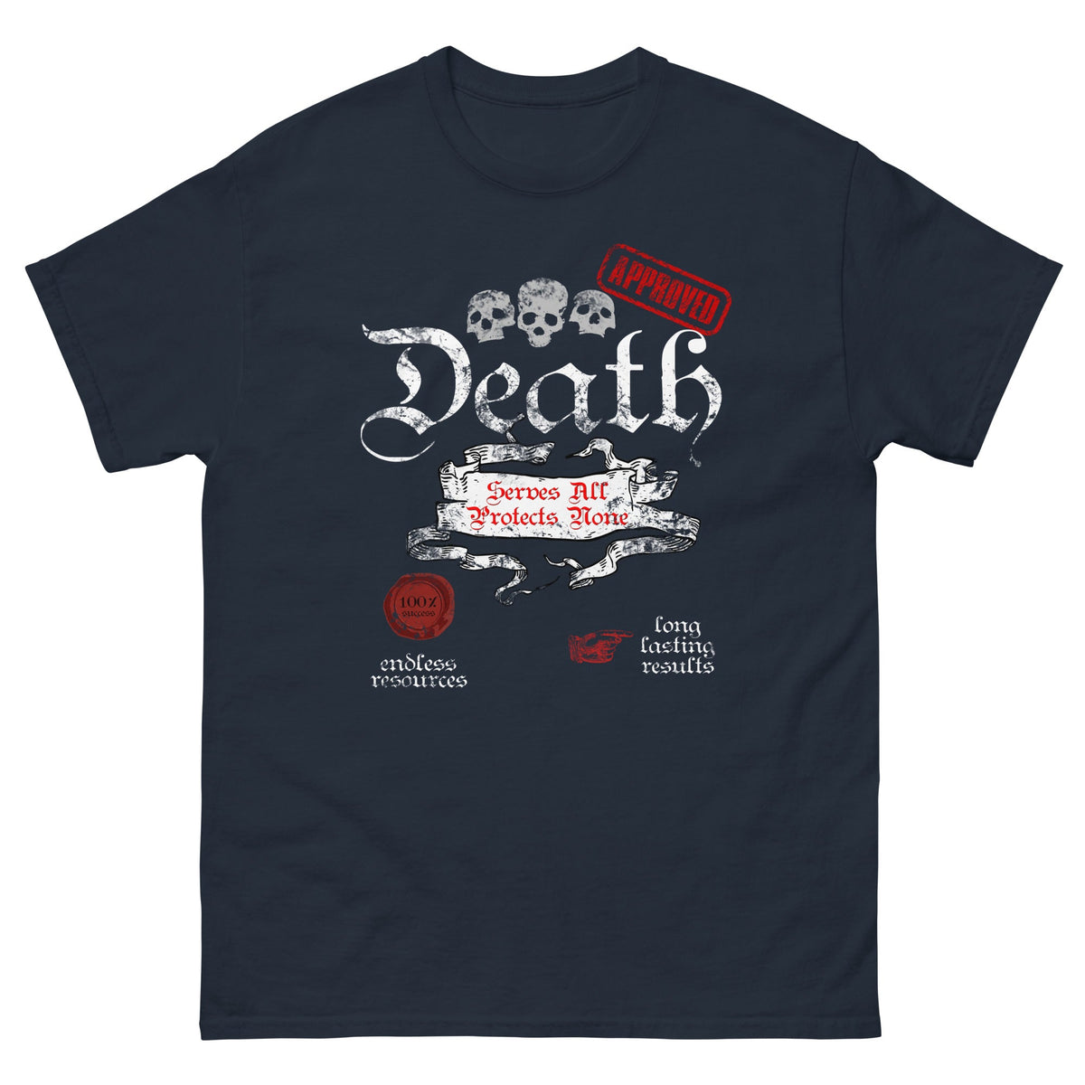 Death-themed graphic T-shirt, dark navy, front skull and Death typography print.